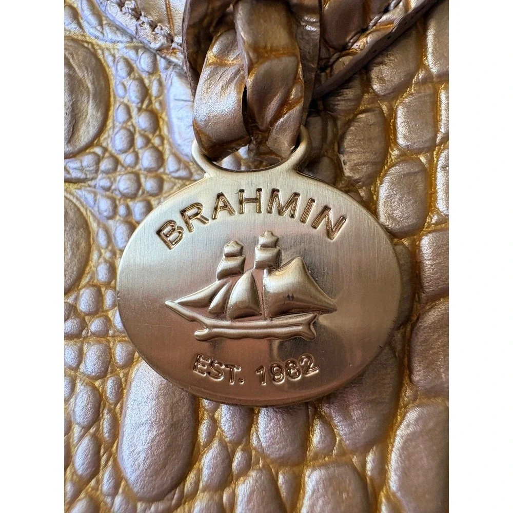 NWT Brahmin Sol Glossy Anytime Tote Gold Croc Embossed Leather Bag Neutral
